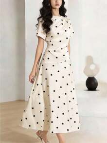 Heiryn Vestido midi de mujer con cintura ceñida y estampado de lunares elegante, adecuado para ir al trabajo - Albaricoque - Ver 1