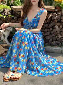 DAZY Đầm midi mùa hè in họa tiết toàn thân dành cho nữ, phong cách Hàn Quốc tươi mới. - Màu xanh lam - Xem 4