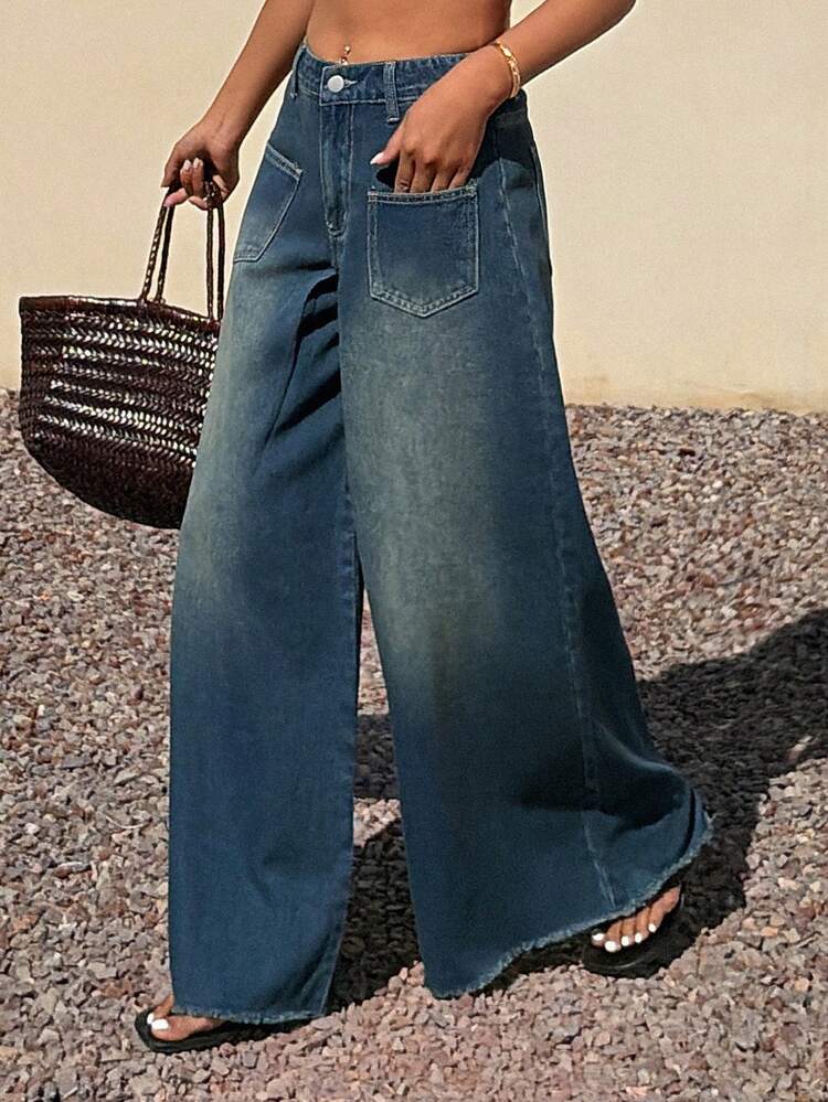 Vintage High Waist Frayed Hem Wide Leg Jeans, Women's Casual Denim Pants For Summer