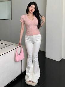 DAZY 女士V领短款纹理修身套头毛衣 - 粉色 - 查看 3