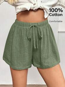 Easowa Pantalones cortos de mujer de algodón elásticos de cintura cómodos y casuales de verano, adecuados para el ocio diario y el estilo retro - Verde - Ver 2