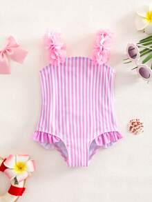1-Piece Cute Baby Girl Knitted Striped Bow Pattern 3D Flower One-Piece Swimsuit - Pink - View 1