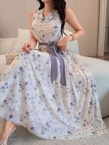 女士优雅印花无袖中长连衣裙，夏季 - 彩色 - 查看 3