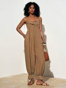 Zivah 2026 休闲亚麻度假风细带踝带阔腿宽松长款连体裤，深卡其色 - 卡其色 - 查看 3