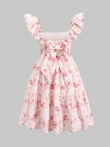 SHEIN Tween Girl Casual Vacation Floral Print Backless Bow Cutout Waist Ruffle Flare Sleeve Dress, Pink - Baby Pink - View 2