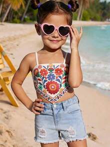 Young Girl Tropical Floral Print Curved Hem Triangle Back Tank Top, Summer - Multicolor - View 6