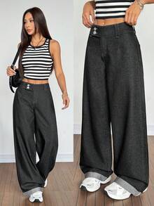 SHEIN PETITE 女士休闲百搭通勤阔腿牛仔裤 - 黑色 - 查看 1