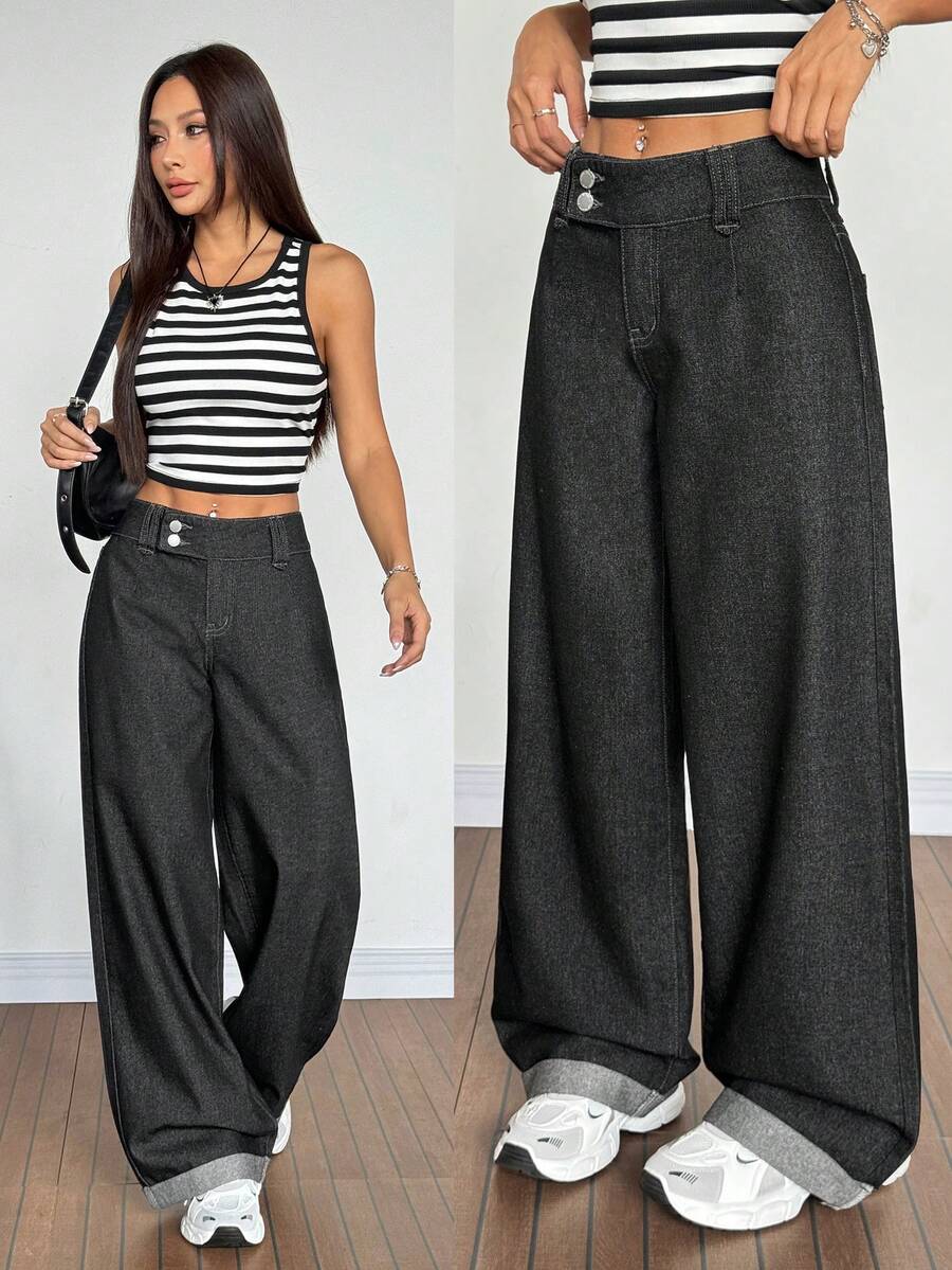 SHEIN PETITE 女士休闲百搭通勤阔腿牛仔裤 - 黑色 - 查看 1