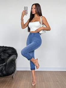 SHEIN Tall Quần thể thao nữ mùa hè, chất liệu co giãn thoải mái, cạp chun, dáng ôm, dài đến mắt cá chân, màu xanh dương, đa năng. - Rửa trung bình - Xem 4
