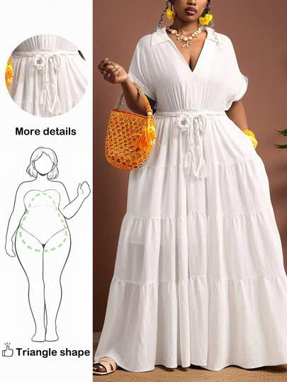 Truni Plus Size Women's Elegant White Dress, Loose Long Dress With Woven Belt Waist Detail, Suitable For Vacation, Afternoon Tea, Cruise, City Drive, Boho Style, Music Festival, Beach Outfit, Easter, Elegant Dress, Vacation Outfit, Concert Outfit, Tropical Vacation Wear, Boho Clothing, Spring/Summer/Autumn, For Pear Triangle Body Shape  Plus Size Resort Wear Plus Size Vacation Dress Plus Size White Dress Curvy Summer Dresses White Outfits Plus Size Summer Dress
