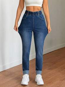 SHEIN Tall Women's Summer Casual High Waist Elastic Waist Denim Jeans Blue Stretch Slim Fit Tapered Pants With Pockets & Cuffed Hem Perfect For Daily & Streetwear Outfits Women's Casual Elastic Waist Pockets Versatile Daily Wear Jeans - Dark Wash - View 6