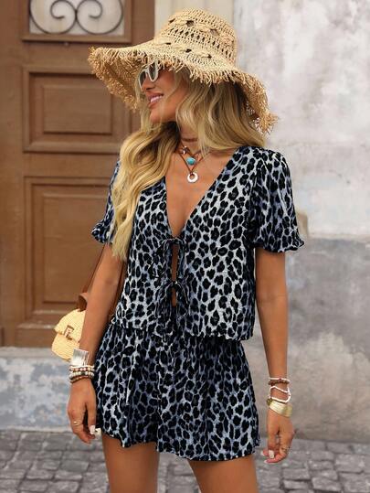 Brillora Casual Chiffon Leopard Print Bubble Short Sleeve Loose Shirt & High Waist Shorts 2 Piece Set For Women Cheetah Dress For Women Women Vacation Dress Boho Summer Dress Women Leopard Print Dress Animal Print Dress