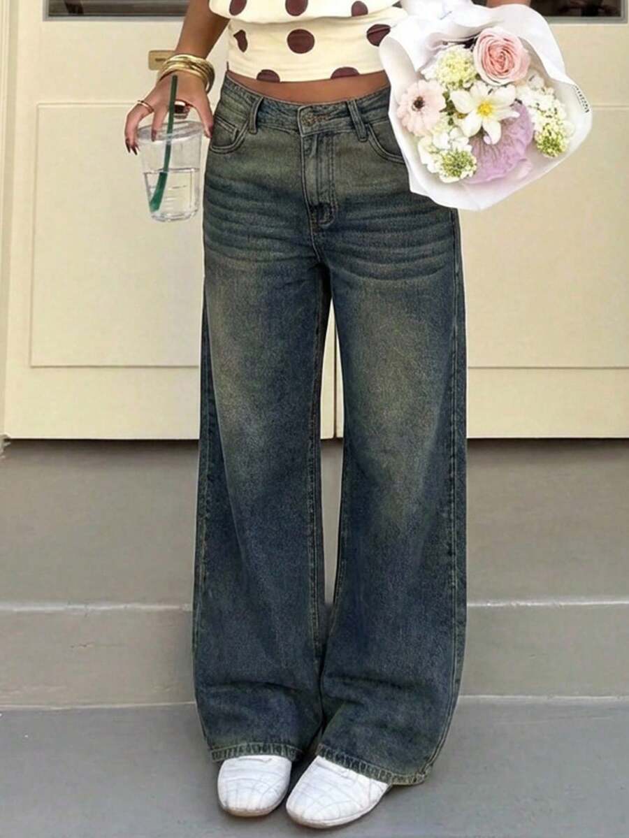 Aloruh 女士直筒宽松休闲口袋牛仔裤，百搭