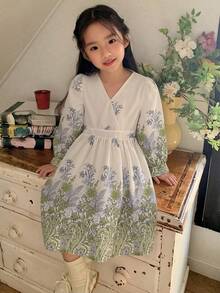 DAZY Young Girl Vacation Plant Print Overlap V-Neck Long Sleeve Dress - Multicolor - View 5