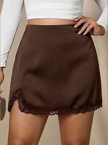 SHEIN PETITE CURVE Chân váy nữ cỡ lớn màu trơn phối ren xẻ tà bên hông - Cà phê nâu - Xem 4