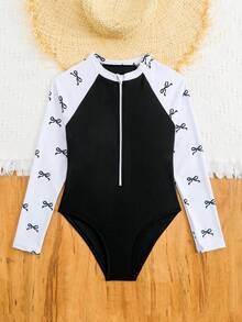 SHEIN 一件装，女童可爱蝴蝶结长袖连体泳衣，黑白针织面料，拉链设计，时尚优雅，适合游泳、海滩、泳池、夏季度假等场合。 - 黑與白 - 查看 5