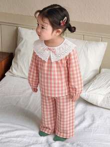 DAZY 女童格子领彼得潘领衬衫和裤子两件套睡衣 - 淺粉色 - 查看 3