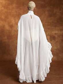 Blusa con cuello de pico, volantes y bajo irregular en gasa negra transparente - Blanco - Ver 4