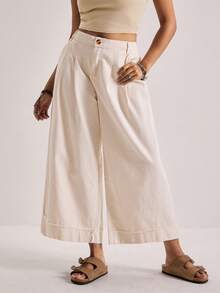 Freevana 大码女式高腰带口袋褶皱阔腿宽松休闲牛仔裤 - 米色 - 查看 9