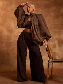 Vixey Blusa de manga globo con abertura en el bajo, confeccionada en tela de gasa transparente - Marrón - Ver 3