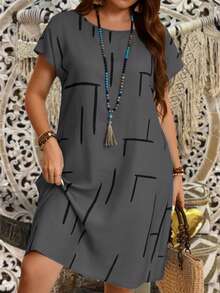 EMERY ROSE Gaun Kasual Longgar Lengan Pendek Leher Bulat Motif Garis untuk Wanita Ukuran Plus Warna Abu-abu untuk Musim Panas - Grey - View 1