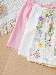 SHEIN 3件套婴幼儿男女通用休闲卡通兔子印花裤，适合春夏季日常穿着、外出和居家使用，0-3岁 - 彩色 - 查看 9