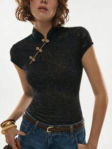 Poéselle 女士中国风金属扣修身T恤 - 黑色 - 查看 7