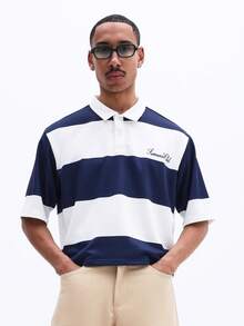 SUMWON Men's Striped Polo Shirt With Collar And Button Placket Short Sleeve Rugby Style Summer Casual Top - Blue and White - View 1