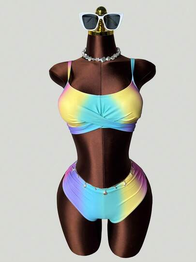 SHEIN Slayr CURVE Plus Size Ombre Criss-Cross Halter Bikini Set Summer