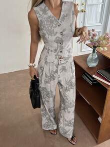 DAZY Women's Casual Floral Print V-Neck Faux Pocket Vest And Wide Leg Pants 2-Piece Set, Summer - Grey - View 5
