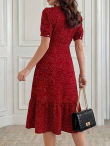 Miaspire Women Spring Valentine's Day Polka Dot Printed Short Puff Sleeve Dress Vacation Outfit For Women Spring Sunmmer - Burgundy - View 2