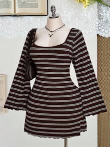 SHEIN ICON 大码彩色条纹露背喇叭袖针织连衣裙 - 彩色 - 查看 5