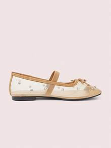 CUCCOO DOLLMOD Ladies Light Brown Mesh Breathable Mary Jane Flats, Rhinestones Embellished Spring Shoes - Light brown - View 9