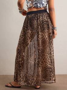 Freevana Plus Size Summer Fashion Leopard Print High Slit Skirt - Brown - View 2