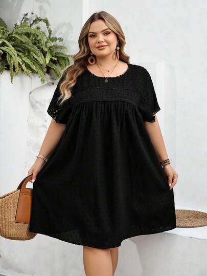 SHEIN CURVE+ Plus Size Solid Color Swiss Dot Contrast Lace Dorman Sleeve Doll Dress