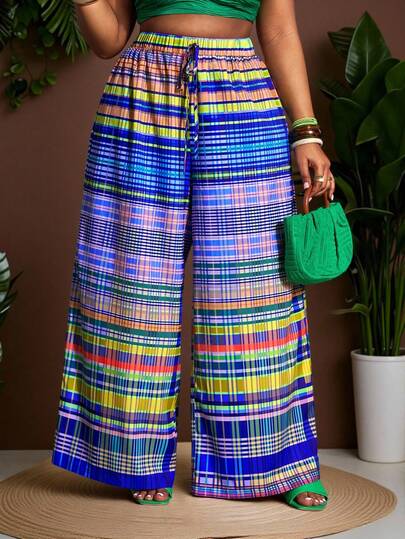 Slaydiva 2026 Spring/Summer New Arrival, Music Festival, Easter, St. Patrick's Day, Western, Nomadic, Birthday Party, Graduation, College Style, Student Wear, Daily Casual, Basic Versatile, Leisure, Vacation, Cruise Travel, Beach, Sunbathing, Viral , Streetwear, Wedding Guest Boho, Commute, Brunch, Airport, Party & Resort, Multi-Color Pattern, Geometric Stripe Plaid Print, Loose Plus Size Plus Size Women Pants