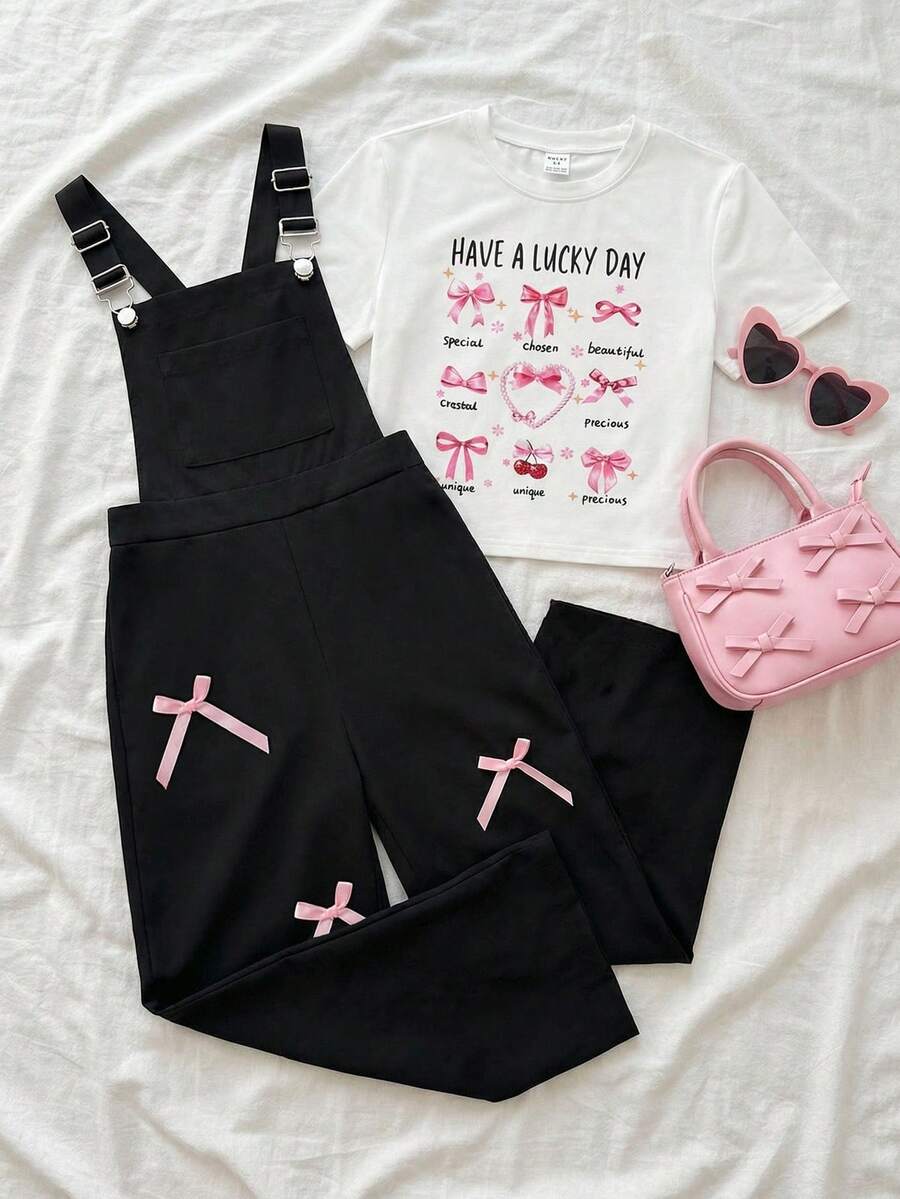 SHEIN ChillGRL 2pcs/Set Tween Girls' Crew Neck Fitted Short Sleeve Bow Print T-Shirt And Letter Print Suspender Pants Set - Black - View 1