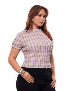 Solavibe 大码女式夏季休闲格子印花抽绳修身衬衫 - 駝色 - 查看 3