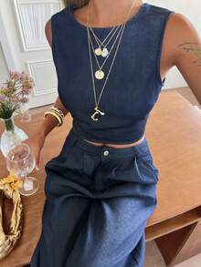 Livesso 女士圆领露背系带短款无袖上衣搭配阔腿牛仔裤休闲套装 - 藍色 - 查看 2