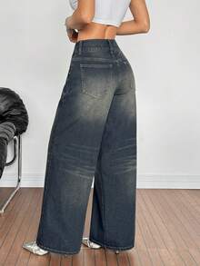 SHEIN PETITE Women's Pocket Button Casual Versatile Daily Wear Wide Leg Jeans - Black - View 3