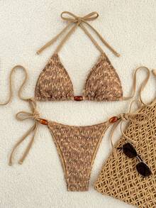 Costavie 2026 Spring/Summer Multi-Color Special Fabric Women's Swimwear, Spaghetti Strap Halter Solid Color Sexy Side Tie Bikini Bottom Two-Piece Swimwear Boho Bikini Set Bikini Set Vacation Crochet Bikini Set Brown Bikini Set Two Piece Beach Set Snake Print Bikini Brown Bathing Suit Women Brown Two Piece Set Women - Multicolor - View 3