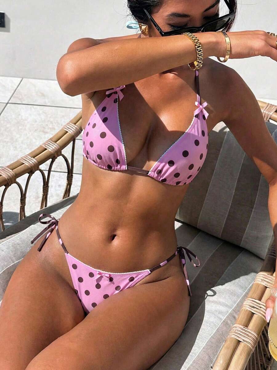 Bonvoyette Women's Polka Dot Triangle Soft Cup Neck Tie Set - Hot Pink - View 1