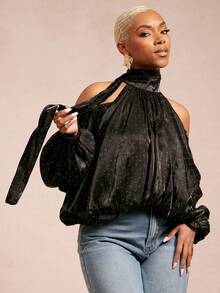 Vixey Blusa con hombros descubiertos, mangas globo y dobladillo con bufanda, con adornos de strass y organza - Negro - Ver 2