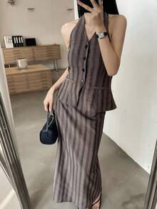 DAZY 女士夏季休闲通勤条纹露背吊带上衣和半身裙两件套 - 藍色 - 查看 5