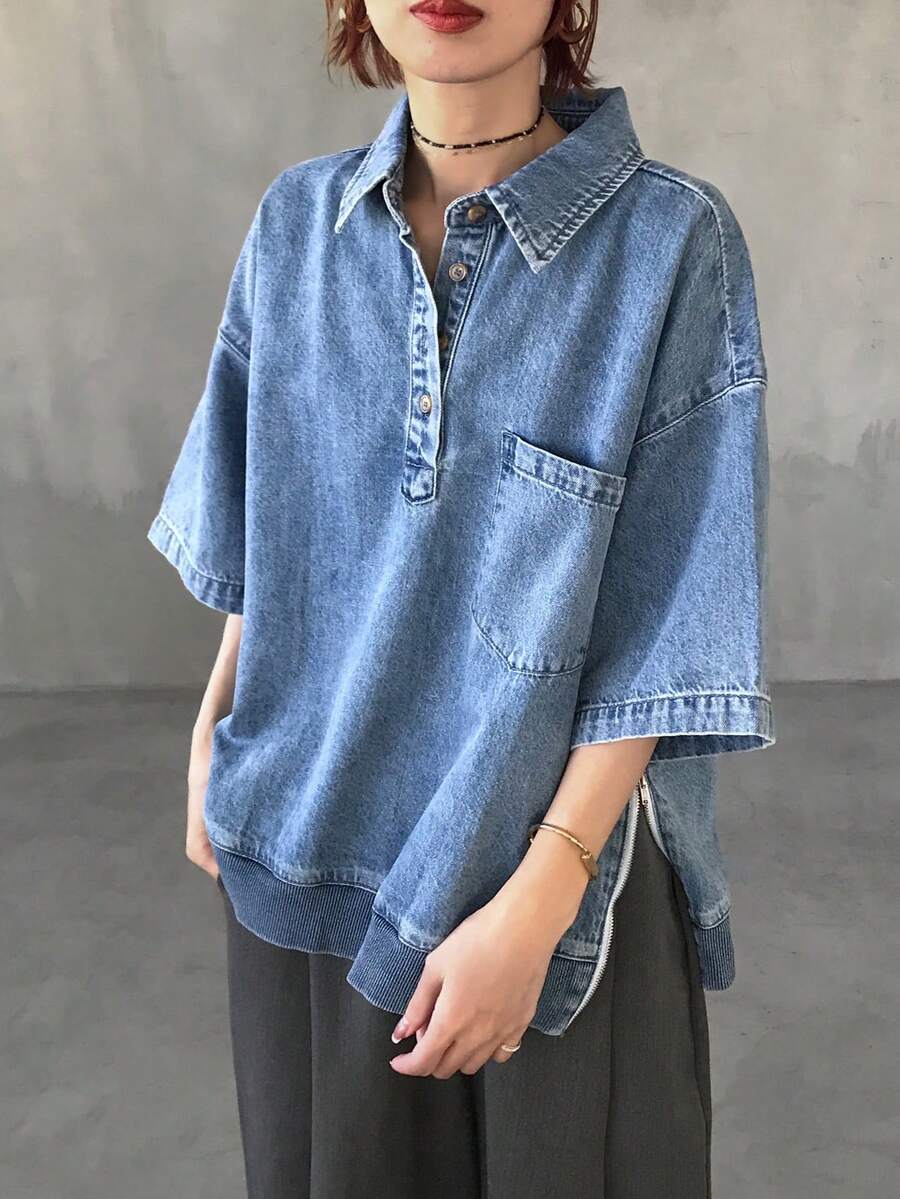 FRIFUL Blusa vaquera de mujer con bolsillo, hombros caídos y botones a media abertura, suelta para el verano - Azul - Ver 1