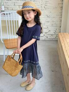 Dazy Kids 韩版休闲撞色圆领短袖连衣裙夏季连衣裙 - 黑色 - 查看 4