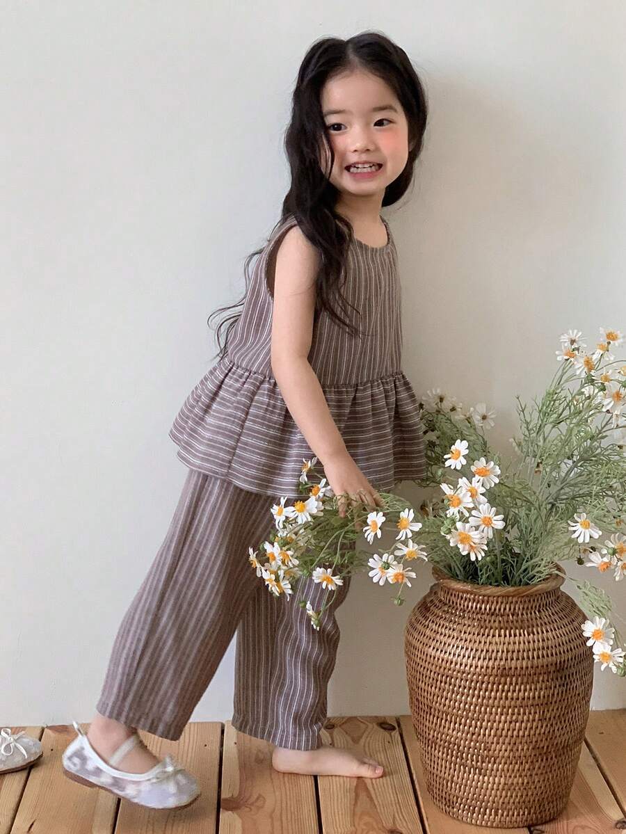 DAZY 婴幼儿女童圆领清新韩版衬衫裤子两件套 - 藕粉色 - 查看 1