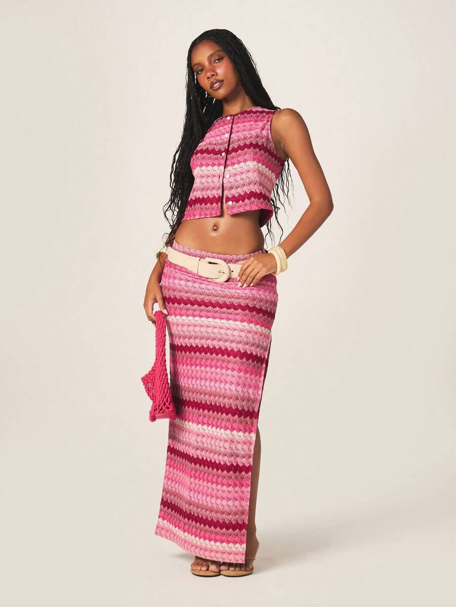 MISSGUIDED 钩针条纹无袖背心上衣和长裙两件套，搭配纽扣前开襟短款开衫，波西米亚风夏季节日装扮 - 彩色 - 查看 1