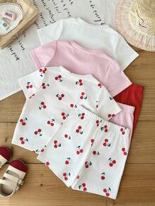 SHEIN 6pcs/Set Baby Girls' Casual Cute & Comfortable Cherry Pattern & Letter Print Short Sleeve Top And Shorts Set, Suitable For Spring/Summer Outings And Daily Wear, Overall Adorable And Comfortable - Multicolor - View 2