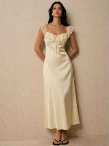 Poéselle 女士时尚优雅露肩蕾丝边中长连衣裙 - 杏色 - 查看 3